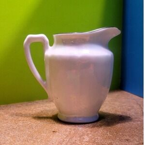 Vintage Iridescent White Lusterware Creamer Pitcher Silver Trim 3.5 Inch